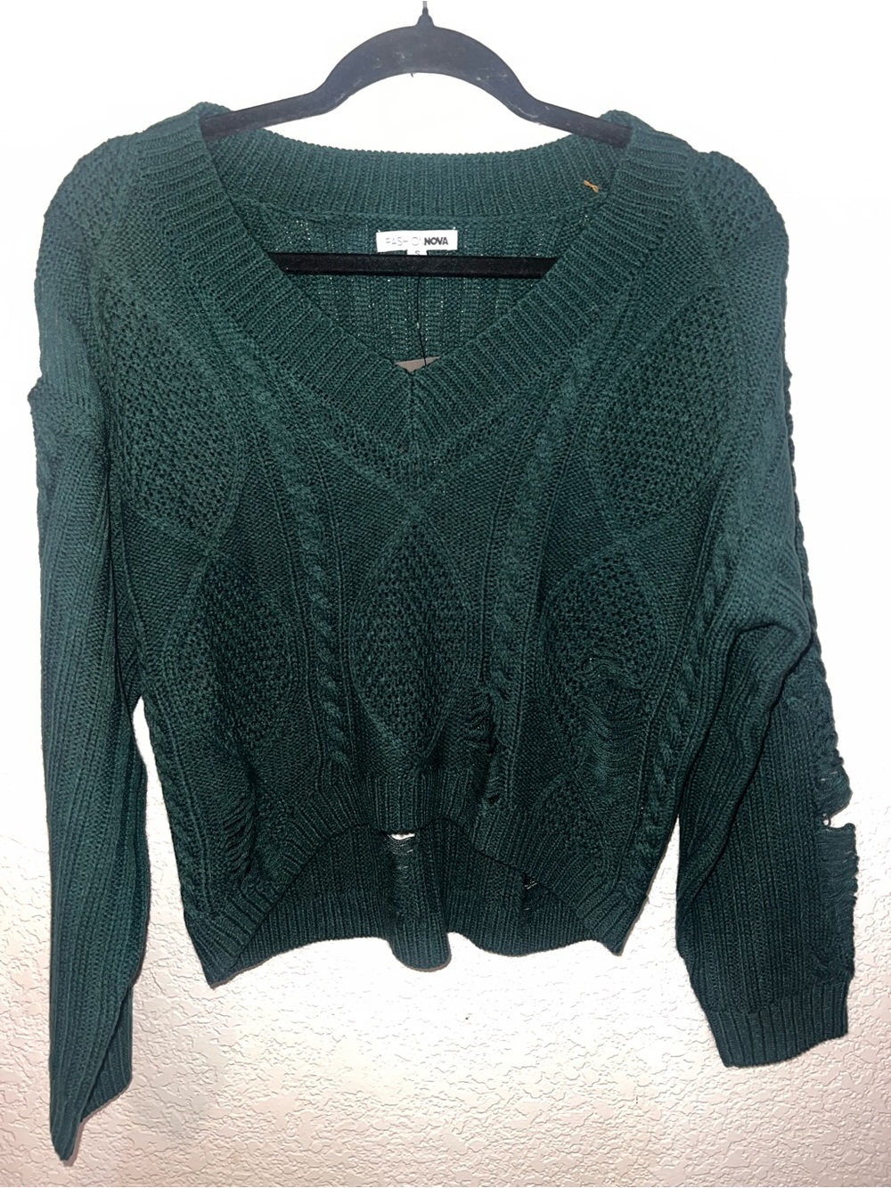 NET Fashion Nova Forest Green V-Neck Cable Knit Sweater